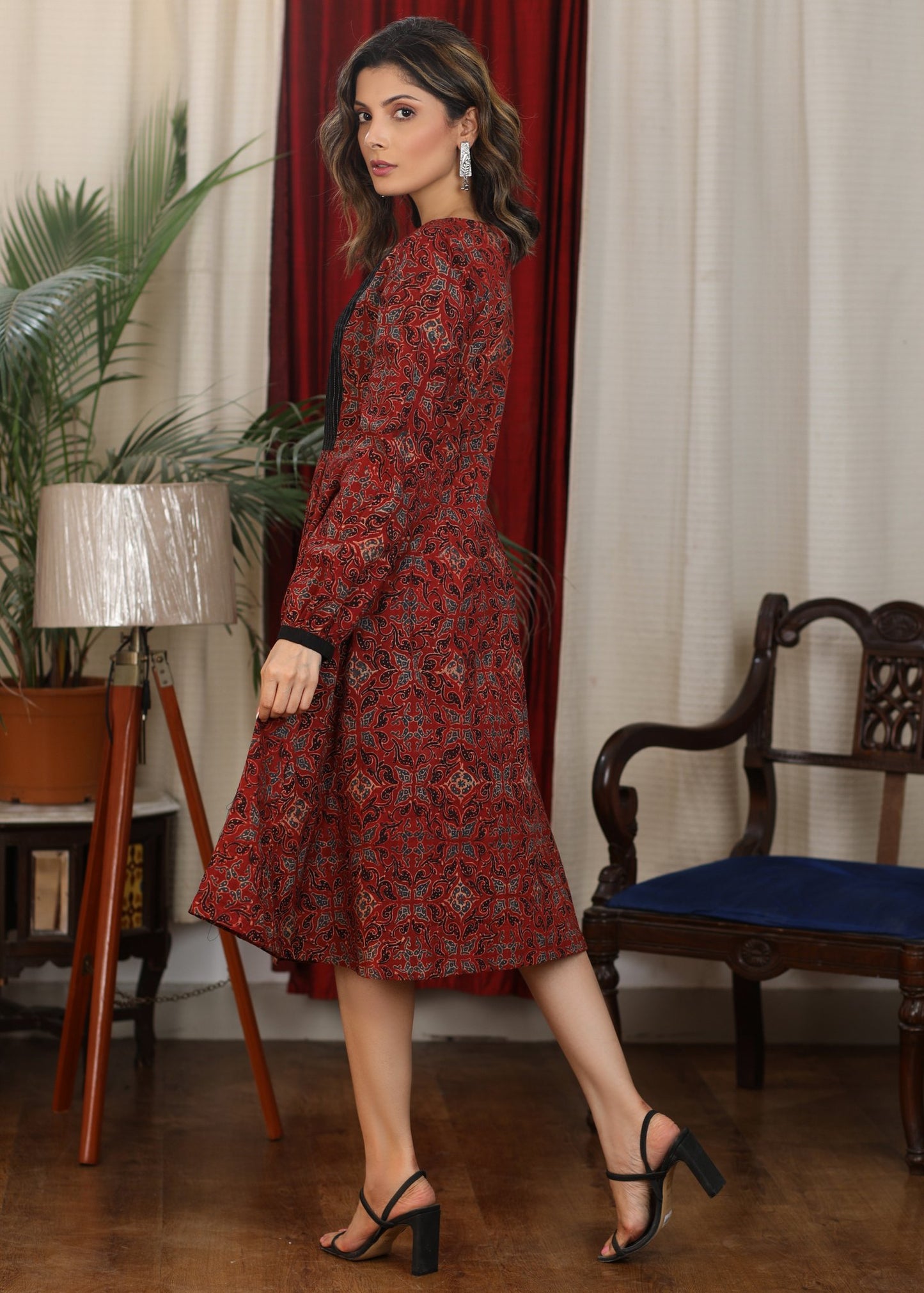 Exclusive maroon ajrakh full sleeve combination dress with black pintucks yoke