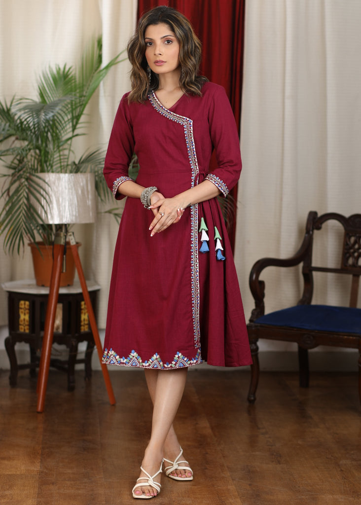 Beautiful maroon overlap dress with intricate embroidery