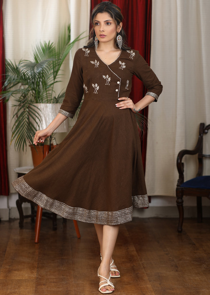 Elegant henna brown cotton flare dress with intricate embroidery