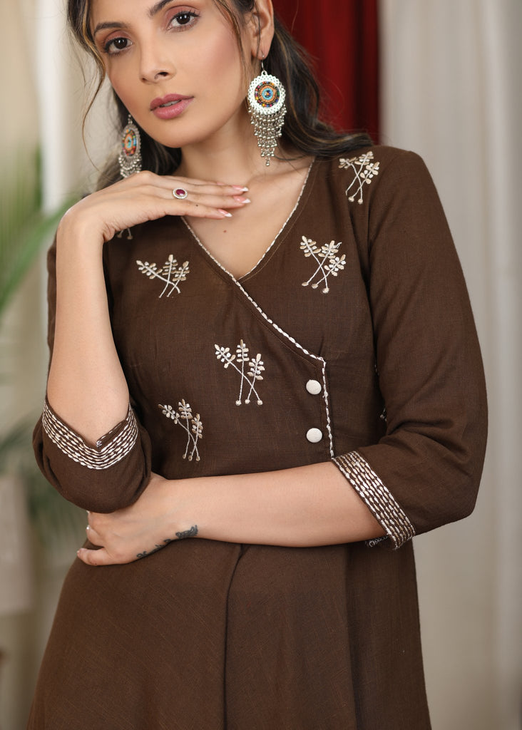 Elegant henna brown cotton flare dress with intricate embroidery