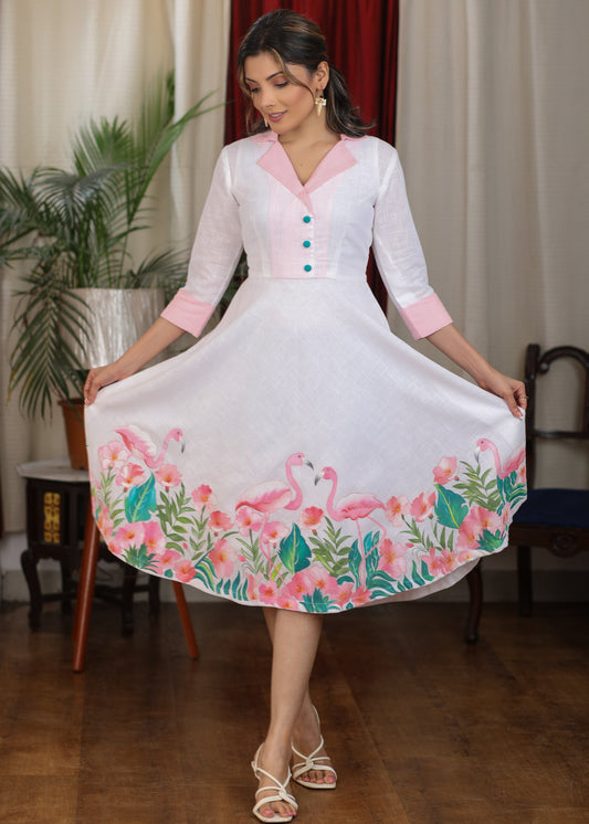 Exclusive ivory handpainted flamingo dress
