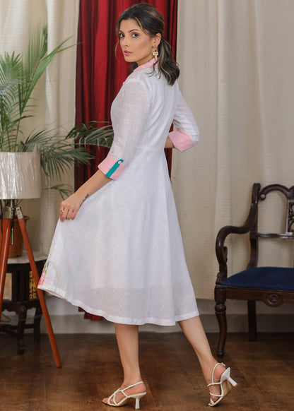 Exclusive ivory handpainted flamingo dress