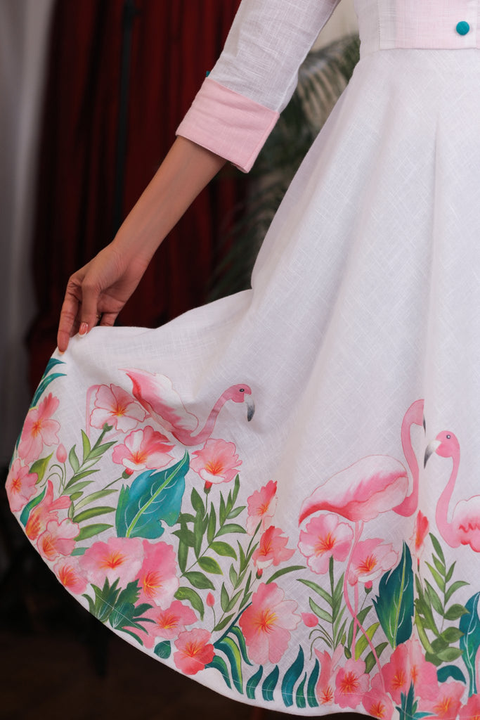 Exclusive ivory handpainted flamingo dress