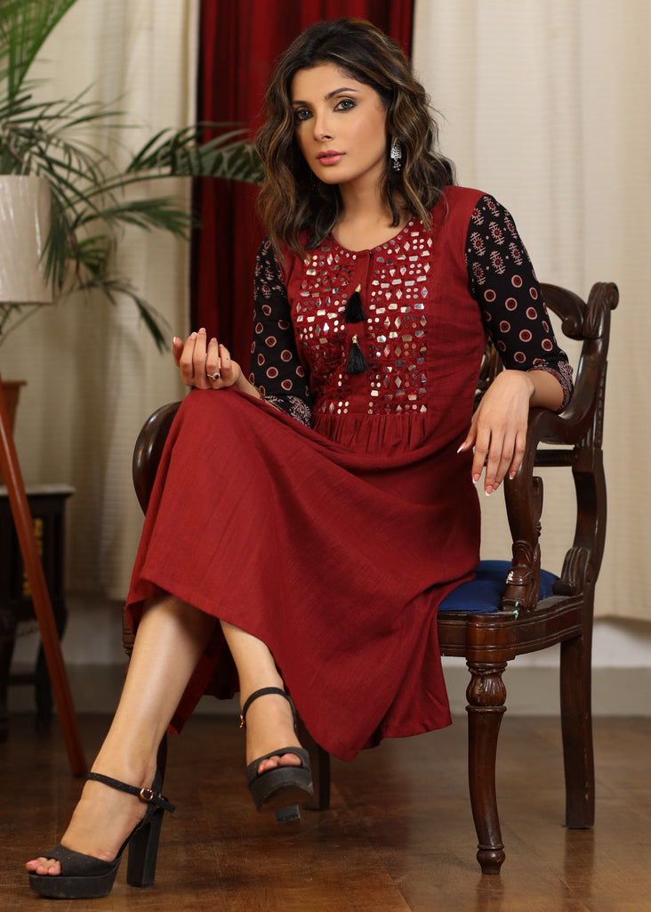 Exclusive maroon and black ajrakh combination dress with mirror embroidery