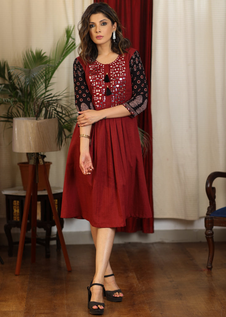 Exclusive maroon and black ajrakh combination dress with mirror embroidery