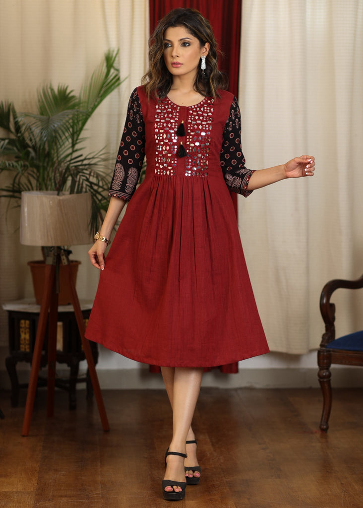 Exclusive maroon and black ajrakh combination dress with mirror embroidery