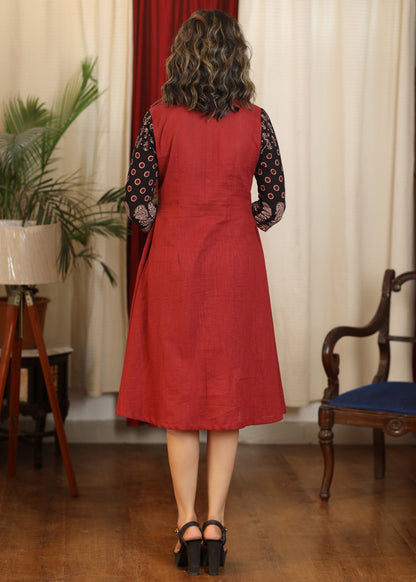 Exclusive maroon and black ajrakh combination dress with mirror embroidery
