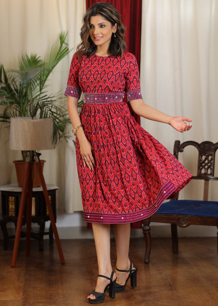 Elegant Red and Magenta ikat dress with exclusive glass bead hand embroidery