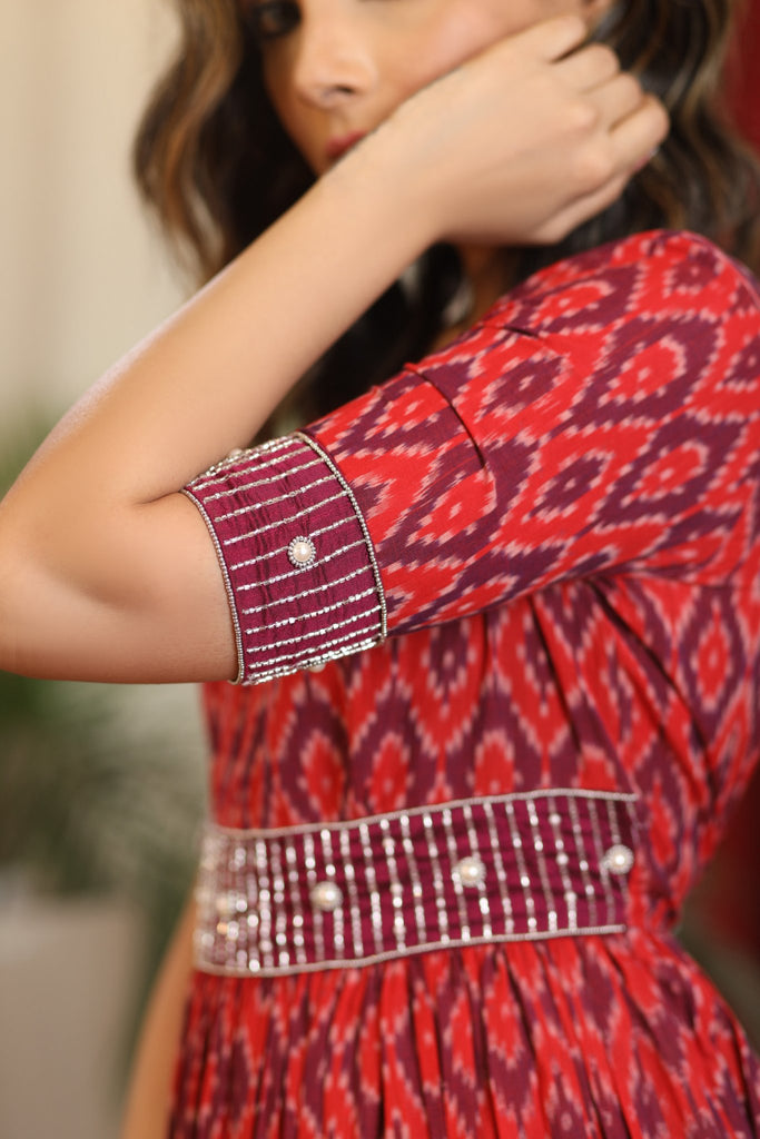 Elegant Red and Magenta ikat dress with exclusive glass bead hand embroidery