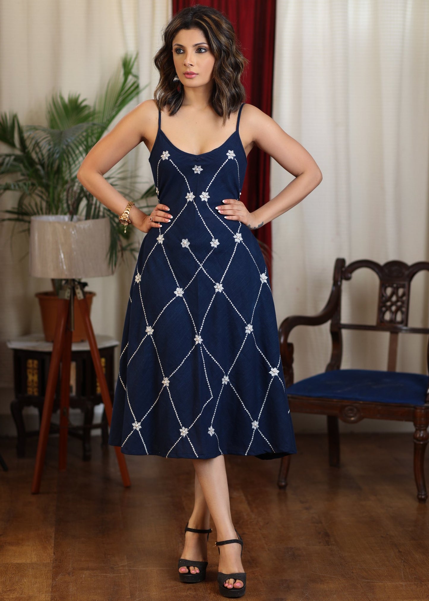 Navy blue strap dress with all over embroidery and pearl embellishments