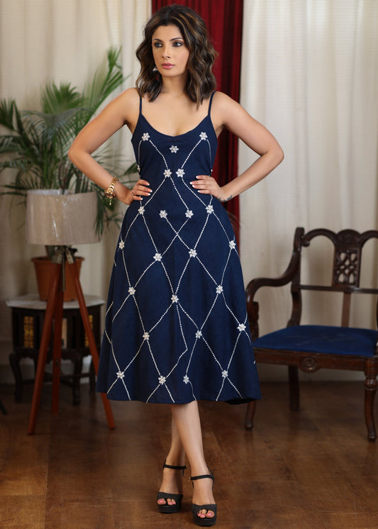 Navy blue strap dress with all over embroidery and pearl embellishments