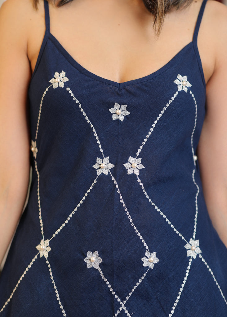 Navy blue strap dress with all over embroidery and pearl embellishments