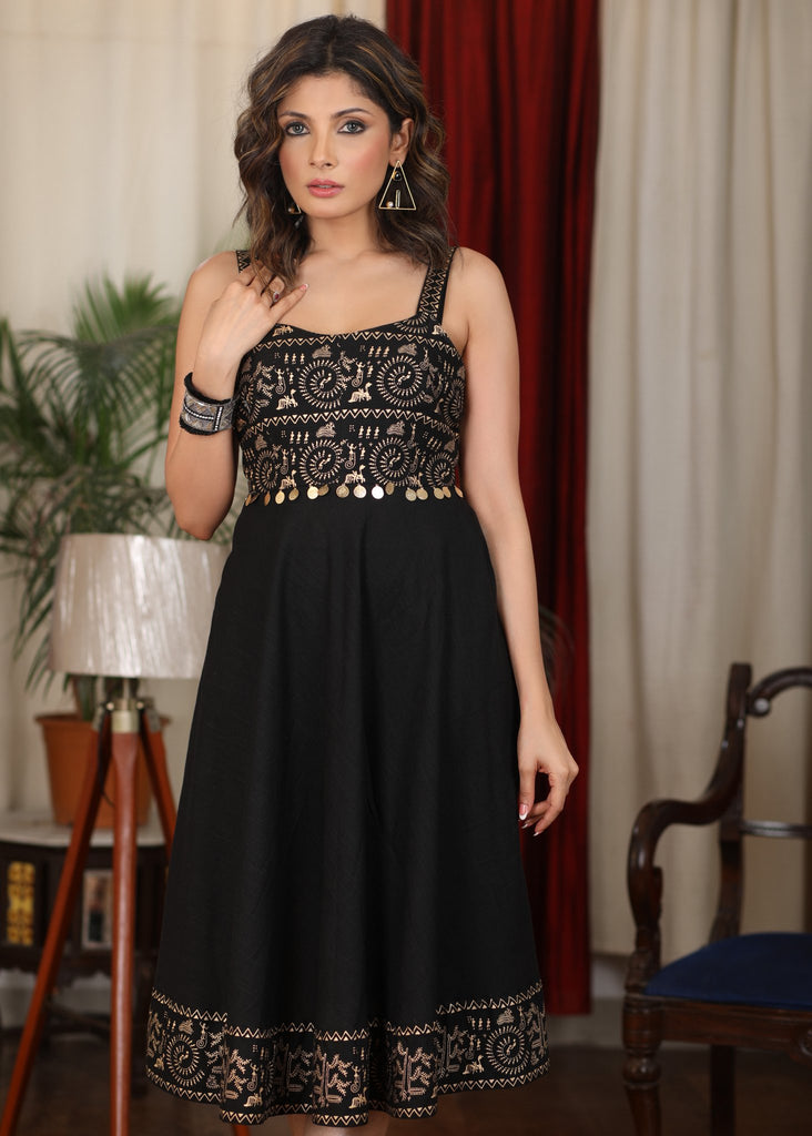 Exquisite black cotton dress with golden foil warli print combination and coin embellishments