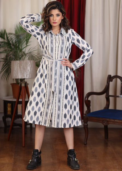 Exclusive ikat combination full sleeve dress with stonework collar and belt