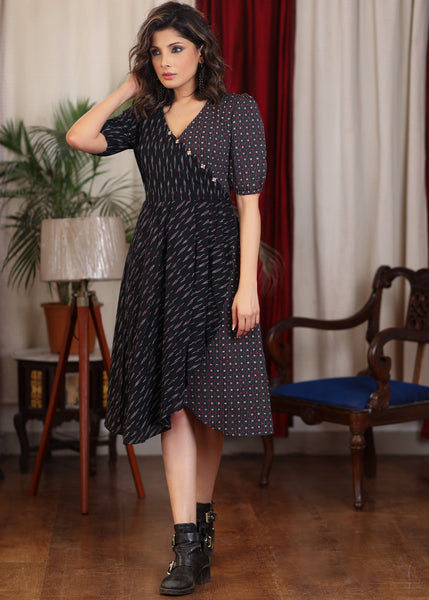Elegant black ikat and katha work overlap dress highlighted with beautiful wooden buttons