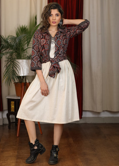 Plain ivory gathered dress paired with handblock ajrakh gypsy shirt