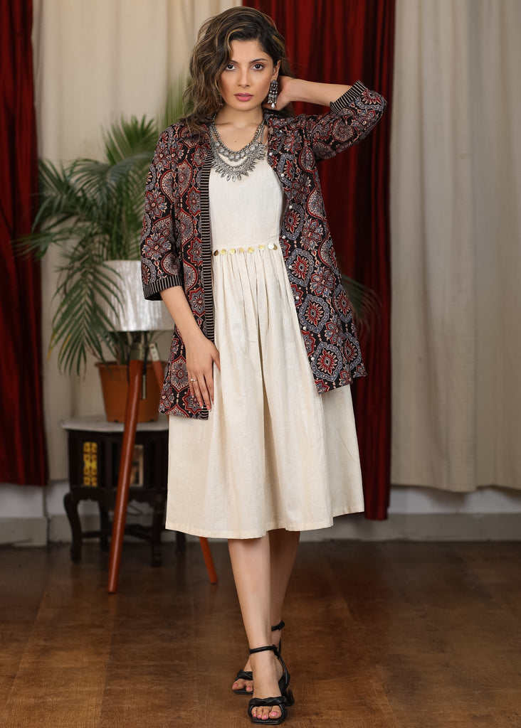 Plain ivory gathered dress paired with handblock ajrakh gypsy shirt