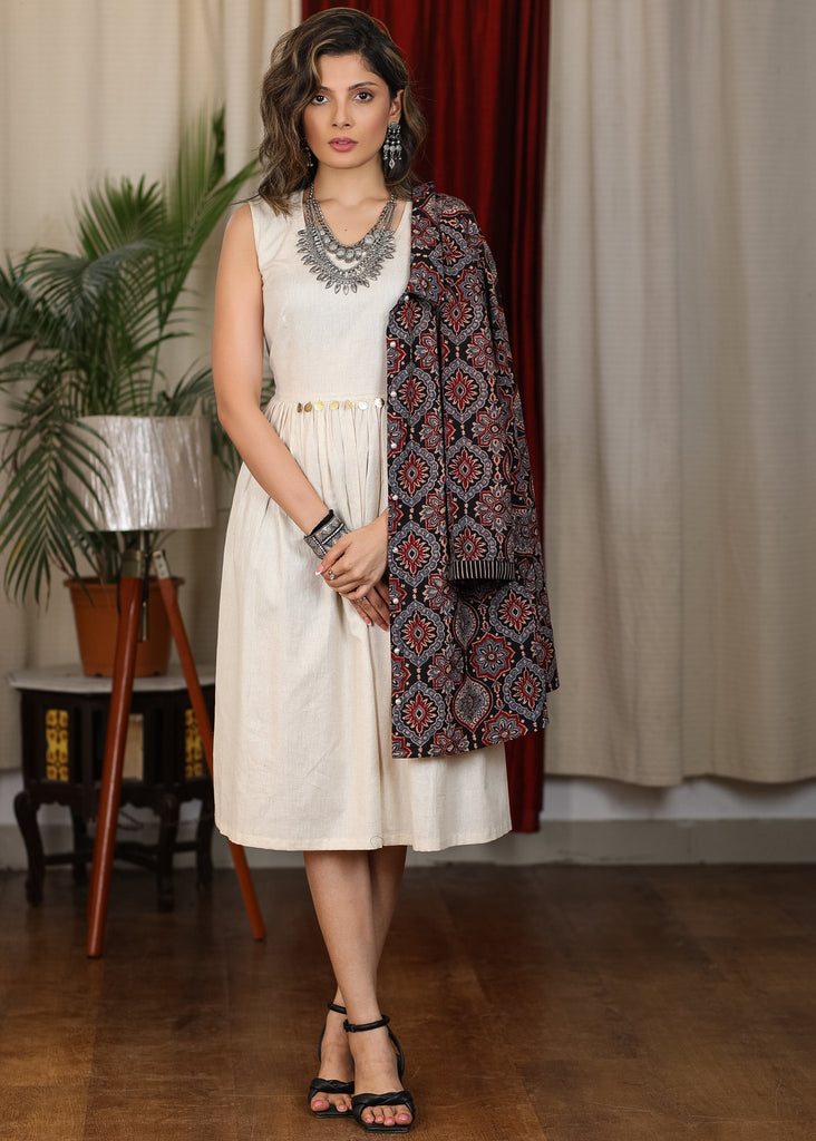 Plain ivory gathered dress paired with handblock ajrakh gypsy shirt