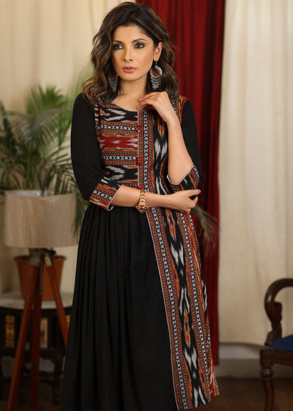 Elegant gathered black cotton dress with ikat combination