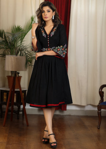 Elegant black cotton multicolor embroidered dress with attached belt