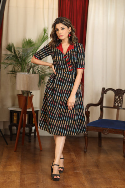 Subtle black multicolor ikat A line dress