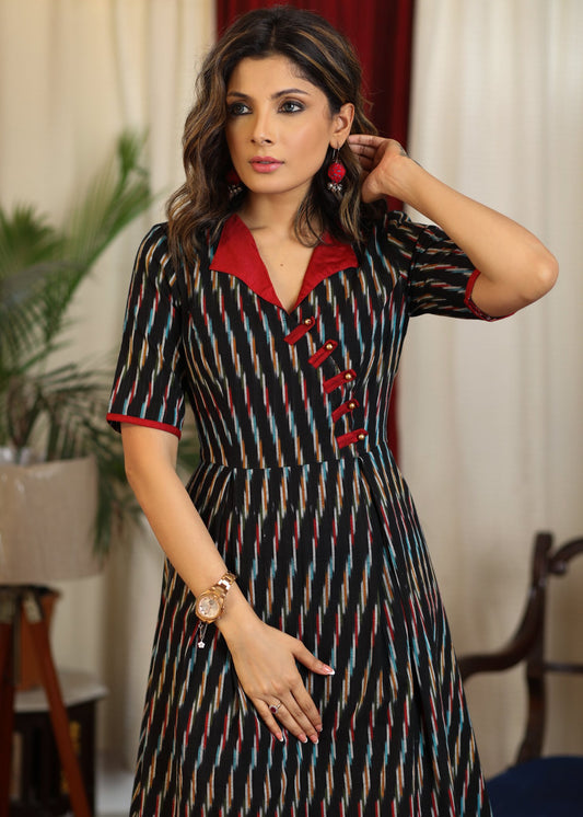 Subtle black multicolor ikat A line dress