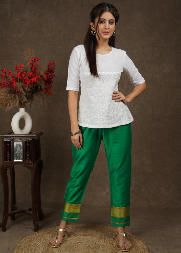 Green cotton silk narrow pant with banarasi border