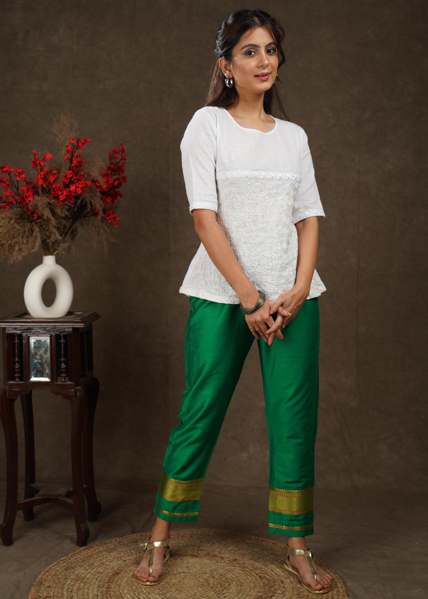 Green cotton silk narrow pant with banarasi border
