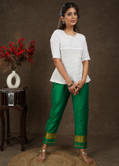 Green cotton silk narrow pant with banarasi border