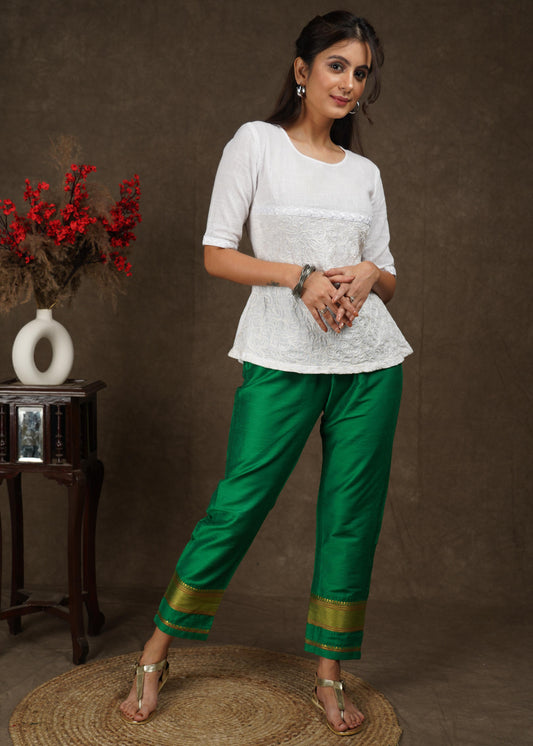 Green cotton silk narrow pant with banarasi border