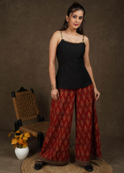 Smart Maroon Ajrakh wide leg palazzo pant