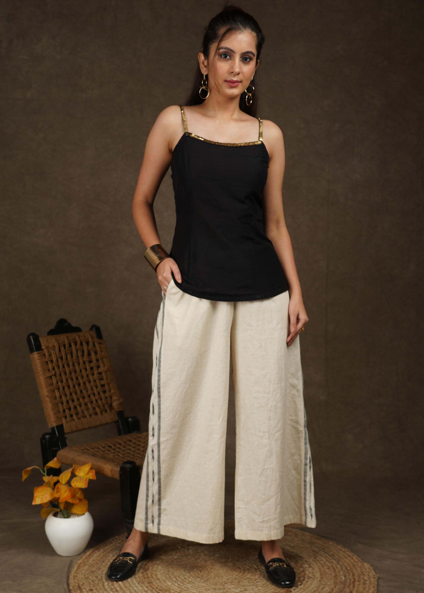 Trendy casual cotton wide palazzo pant with ikat border on the side