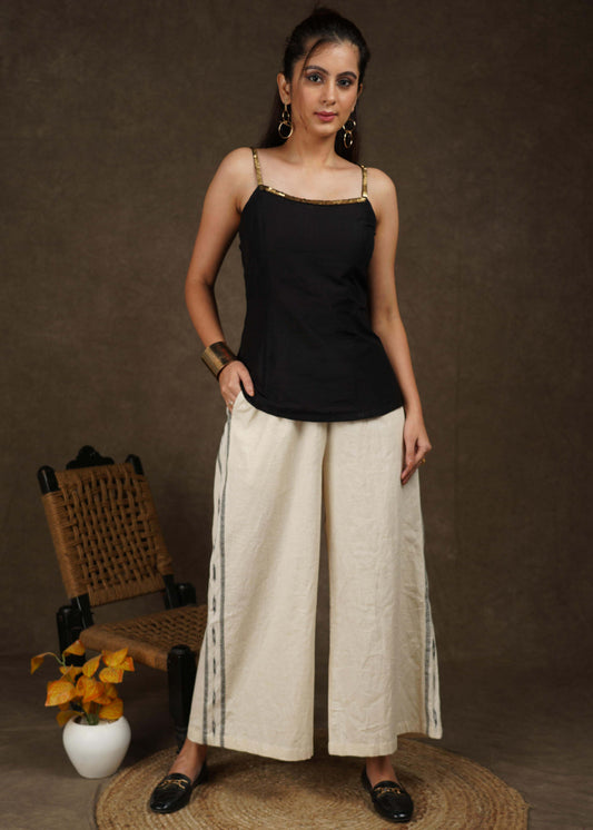 Trendy casual cotton wide palazzo pant with ikat border on the side