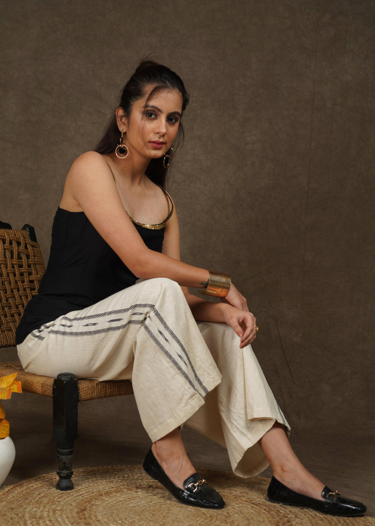 Trendy casual cotton wide palazzo pant with ikat border on the side