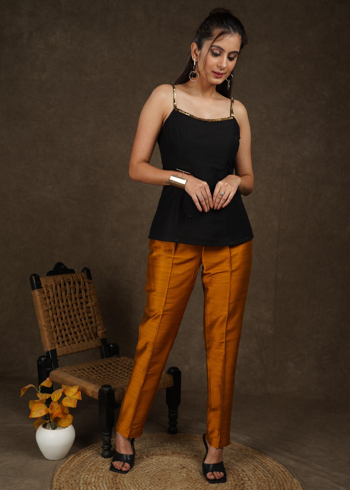 Smart casual dark gold cotton silk narrow fitted trouser