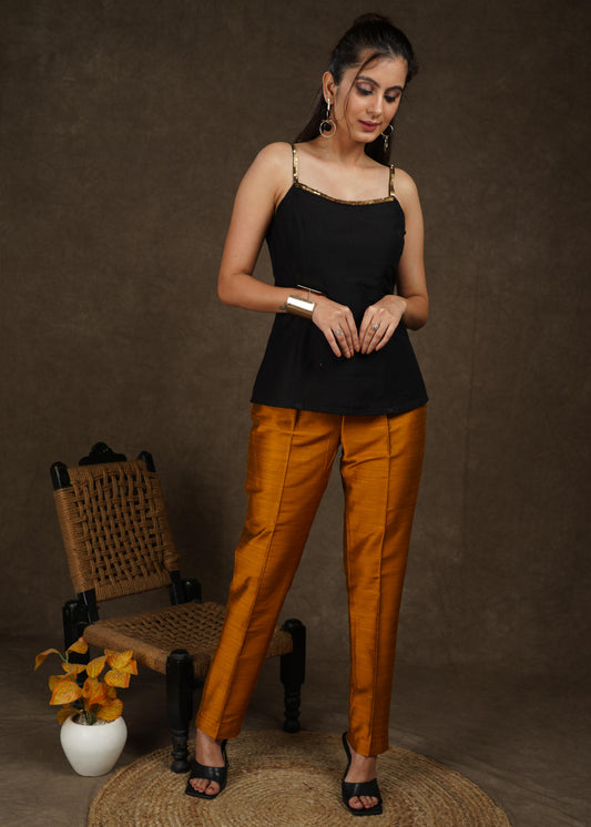 Smart casual dark gold cotton silk narrow fitted trouser