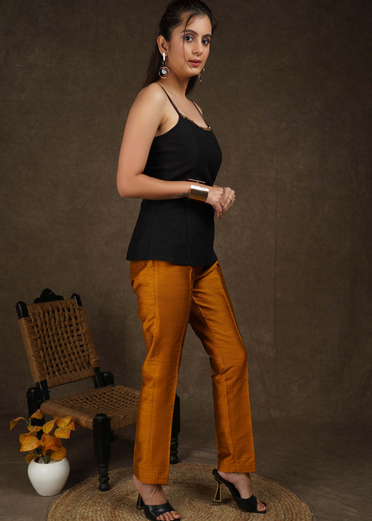 Smart casual dark gold cotton silk narrow fitted trouser
