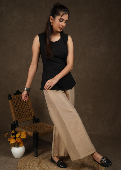 Elegant beige cotton silk wide leg palazzo pant