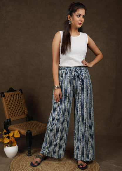 Classy indigo with stripes combination wide leg palazzo pant