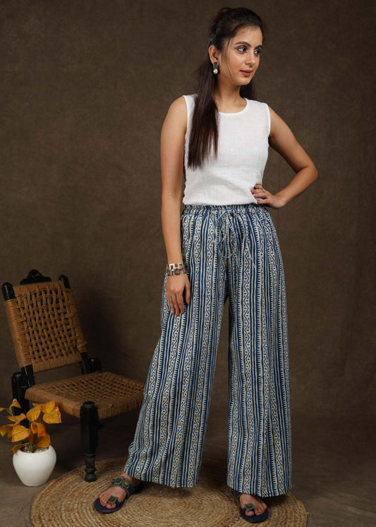 Classy indigo with stripes combination wide leg palazzo pant