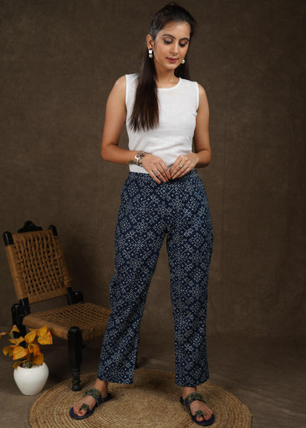 Classy printed indigo straight fit trouser