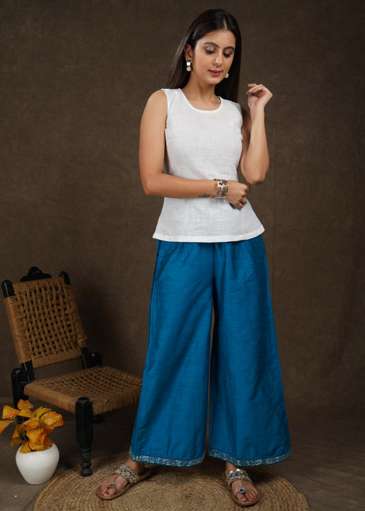 Trendy perssian blue wide leg palazzo pant with beads embroidery on the hemline