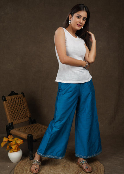 Trendy prussian blue wide leg palazzo pant with beads embroidery on the hemline