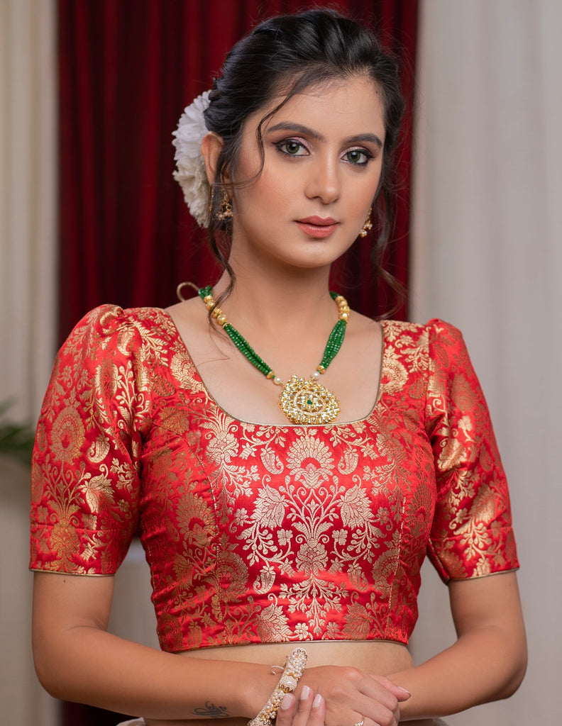 Exclusive scarlet red banrasi blouse with puff sleeves – Sujatra