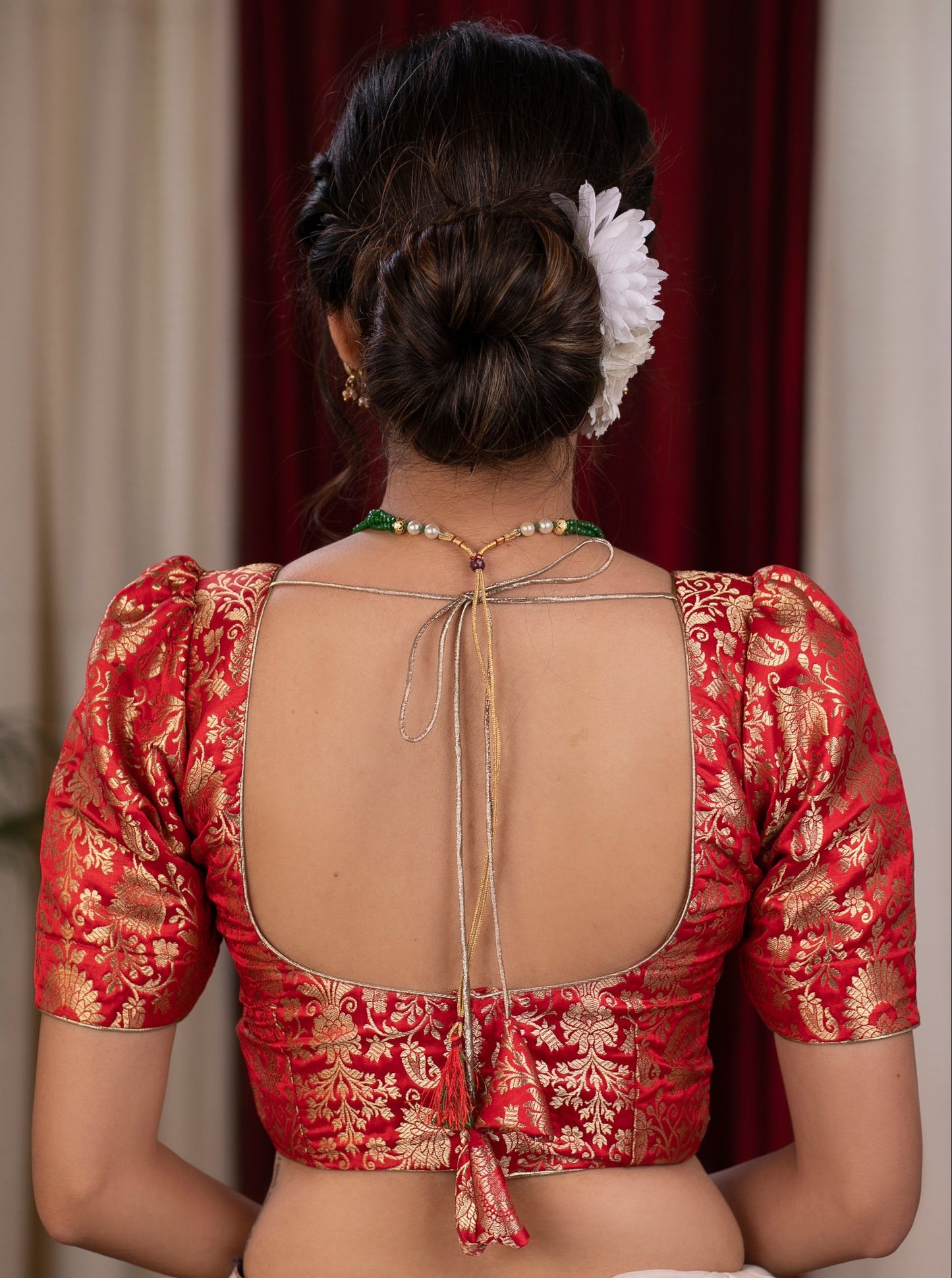 Exclusive scarlet red banrasi blouse with puff sleeves