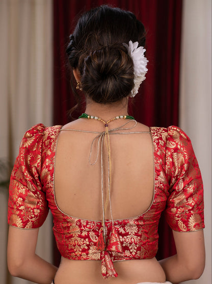 Exclusive scarlet red banrasi blouse with puff sleeves