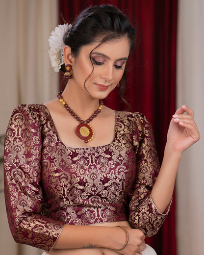 Beautiful mahogany banarasi blouse with puff 3/4 sleeves