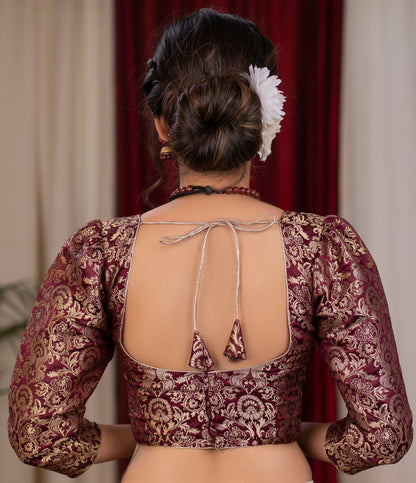 Beautiful mahogany banarasi blouse with puff 3/4 sleeves