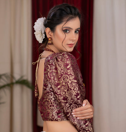 Beautiful mahogany banarasi blouse with puff 3/4 sleeves
