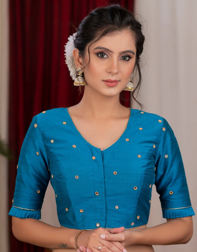 Elegant Azure blue cotton silk blouse with overall mirror embroidery
